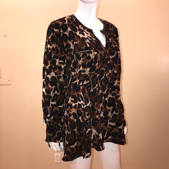 Rafaella Tops - Rafaella Animal Print Tunic Top Womens Size Large Brown Black Faux Leather Trim